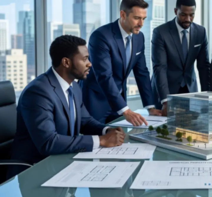 Business leaders discussing structured property financing options in a corporate setting