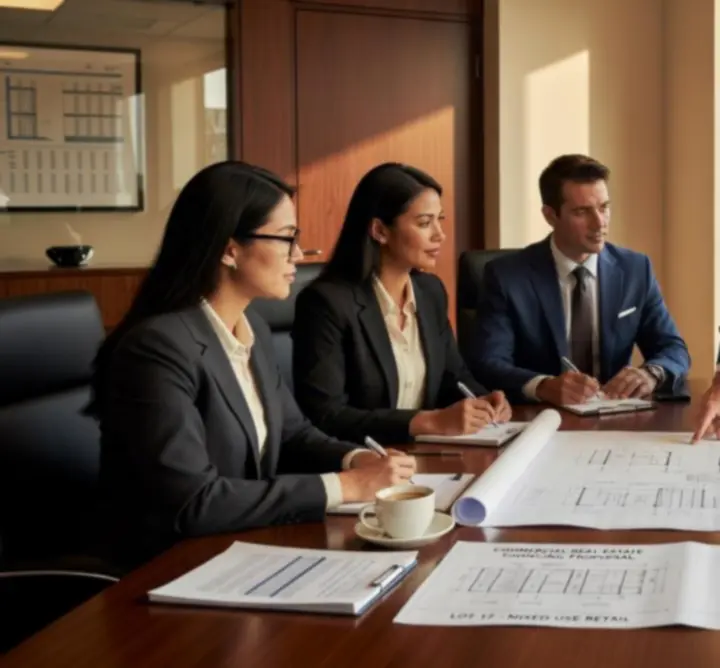 Modern commercial buildings representing a financed property portfolio