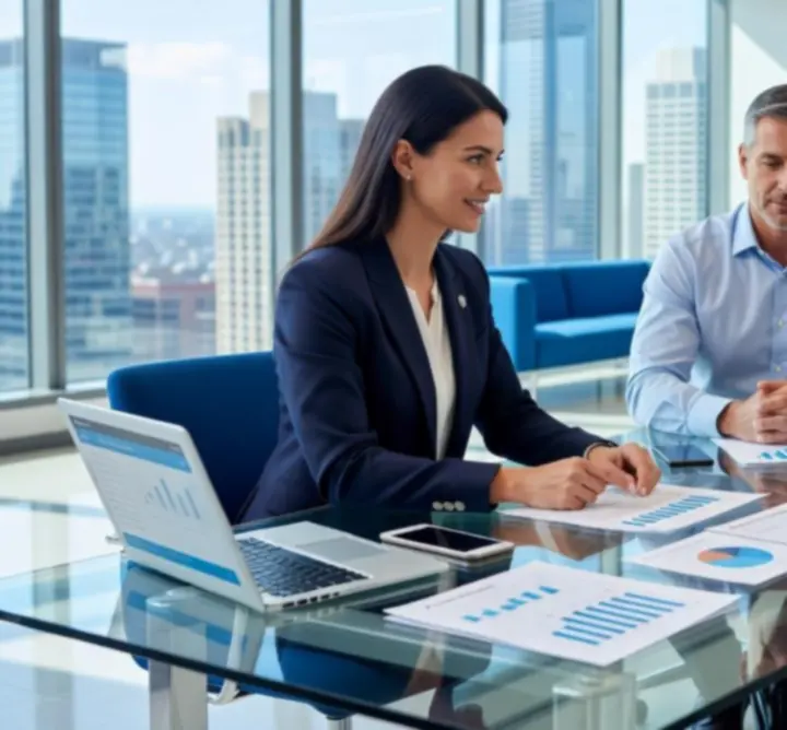 Financial consultants meeting with clients in a modern office