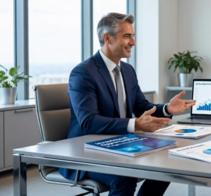 Financial advisor discussing investment options with clients in a modern office
