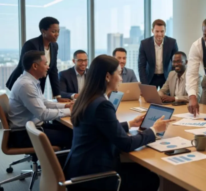 Diverse team of financial professionals collaborating in an office